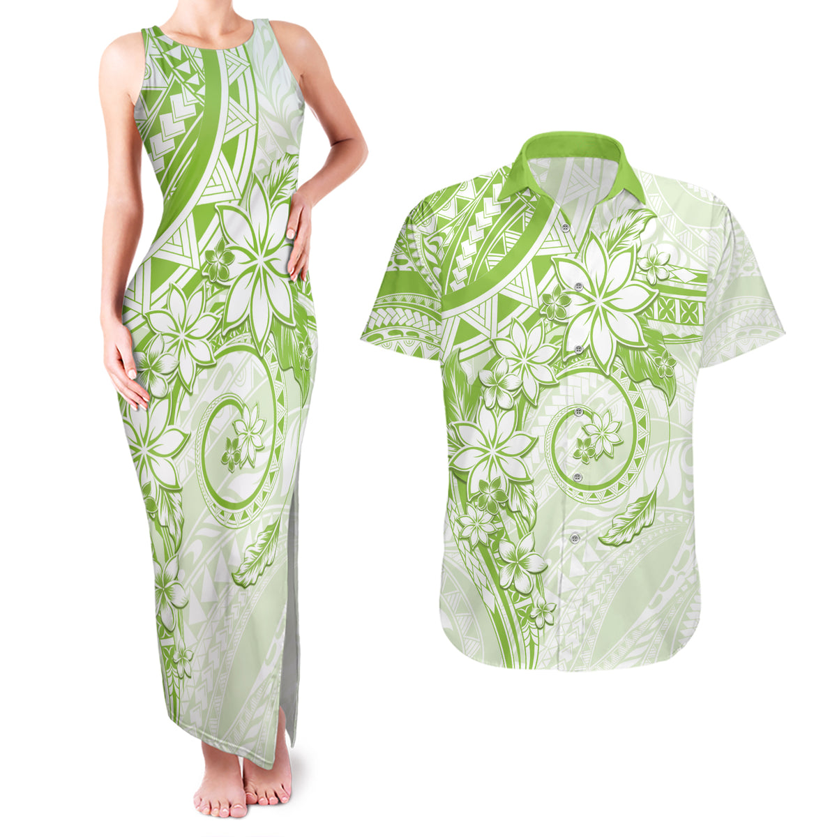Polynesian Pattern With Plumeria Flowers Couples Matching Tank Maxi Dress and Hawaiian Shirt Lime Green