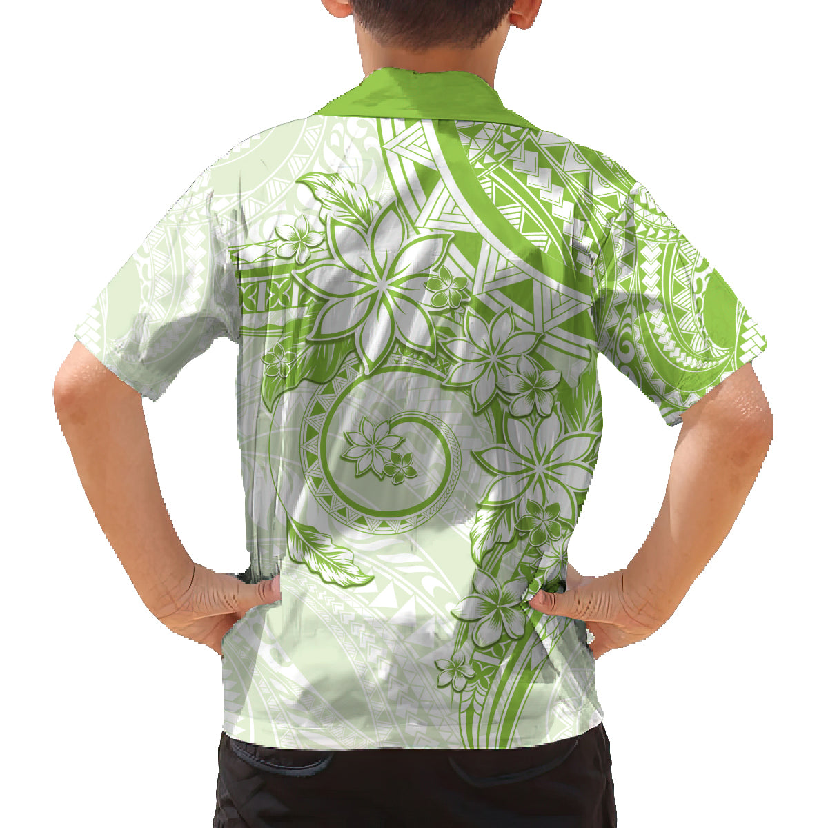 Polynesian Pattern With Plumeria Flowers Family Matching Off The Shoulder Long Sleeve Dress and Hawaiian Shirt Lime Green LT05 - Polynesian Pride