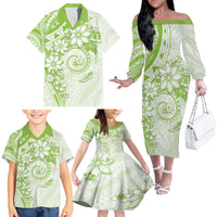 Polynesian Pattern With Plumeria Flowers Family Matching Off The Shoulder Long Sleeve Dress and Hawaiian Shirt Lime Green LT05 - Polynesian Pride