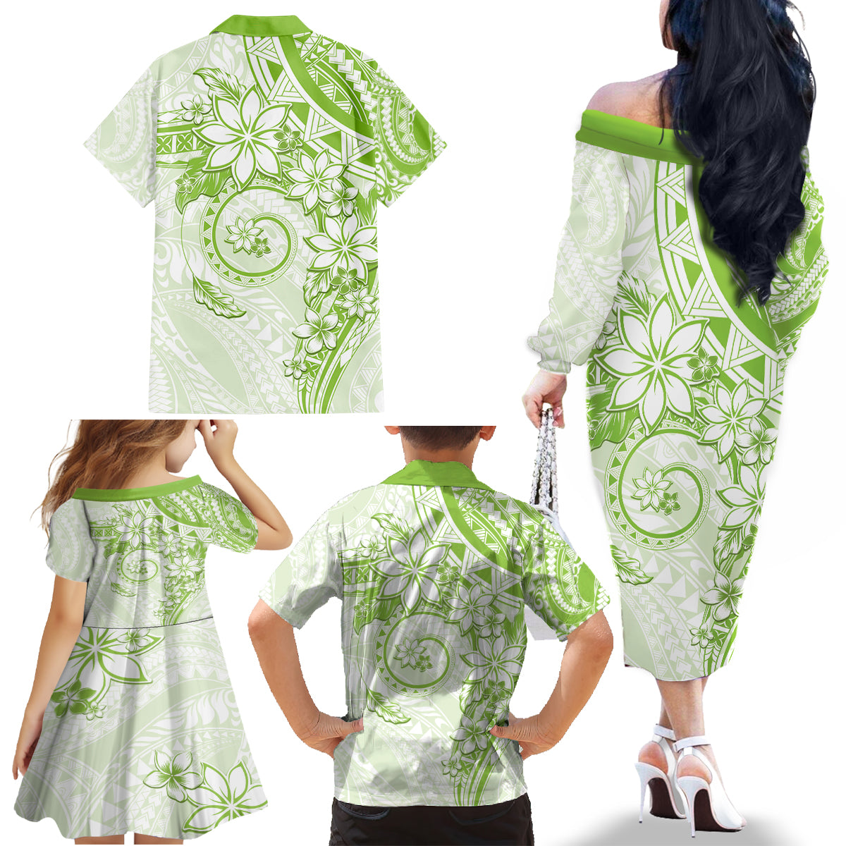 Polynesian Pattern With Plumeria Flowers Family Matching Off The Shoulder Long Sleeve Dress and Hawaiian Shirt Lime Green LT05 - Polynesian Pride
