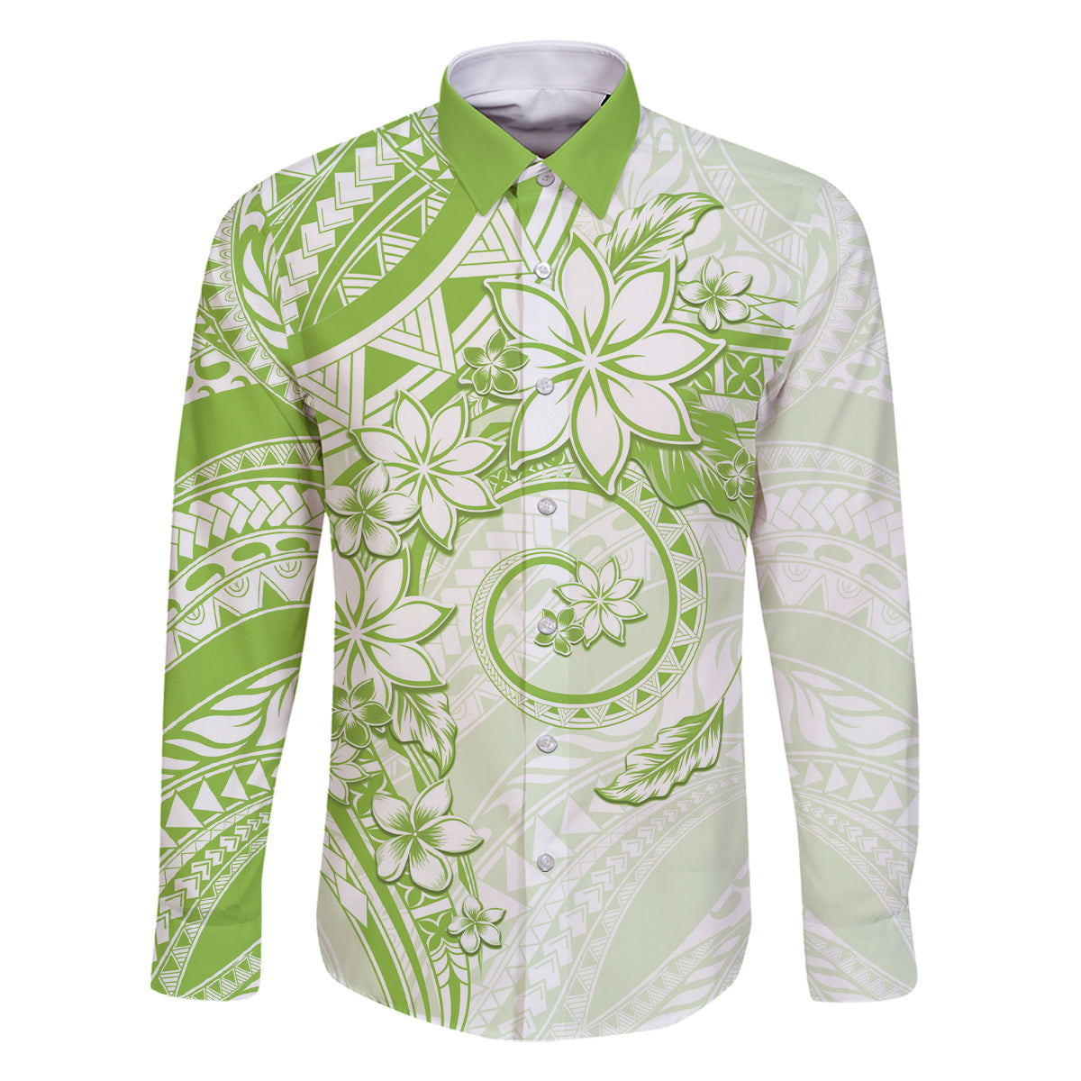 Polynesian Pattern With Plumeria Flowers Family Matching Off The Shoulder Long Sleeve Dress and Hawaiian Shirt Lime Green LT05 Dad's Shirt - Long Sleeve Lime Green - Polynesian Pride