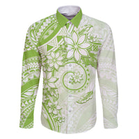 Polynesian Pattern With Plumeria Flowers Family Matching Off Shoulder Short Dress and Hawaiian Shirt Lime Green