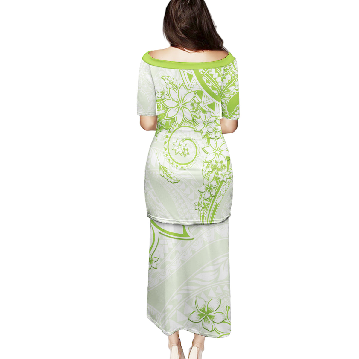 Polynesian Pattern With Plumeria Flowers Family Matching Puletasi and Hawaiian Shirt Lime Green
