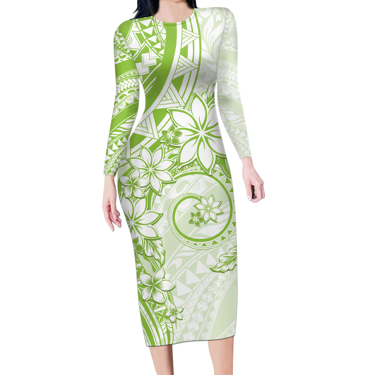 Polynesian Pattern With Plumeria Flowers Long Sleeve Bodycon Dress Lime Green LT05 Long Dress Lime Green - Polynesian Pride
