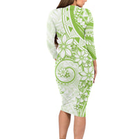 Polynesian Pattern With Plumeria Flowers Long Sleeve Bodycon Dress Lime Green LT05 - Polynesian Pride