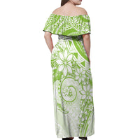 Polynesian Pattern With Plumeria Flowers Off Shoulder Maxi Dress Lime Green