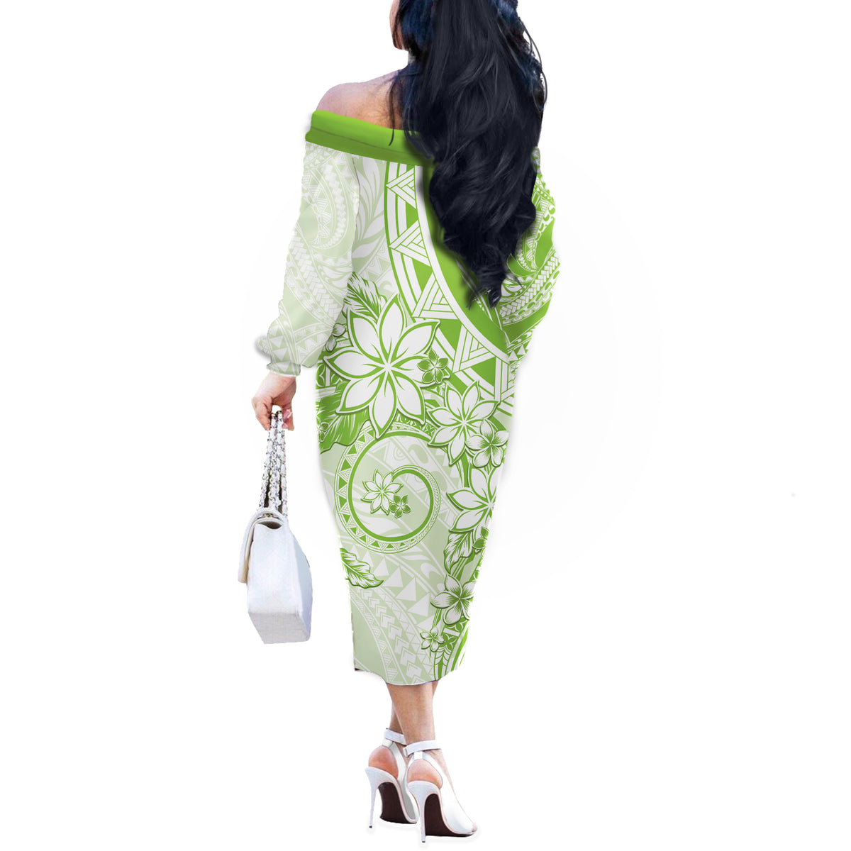 Polynesian Pattern With Plumeria Flowers Off The Shoulder Long Sleeve Dress Lime Green LT05 - Polynesian Pride