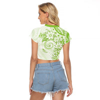 Polynesian Pattern With Plumeria Flowers Raglan Cropped T Shirt Lime Green