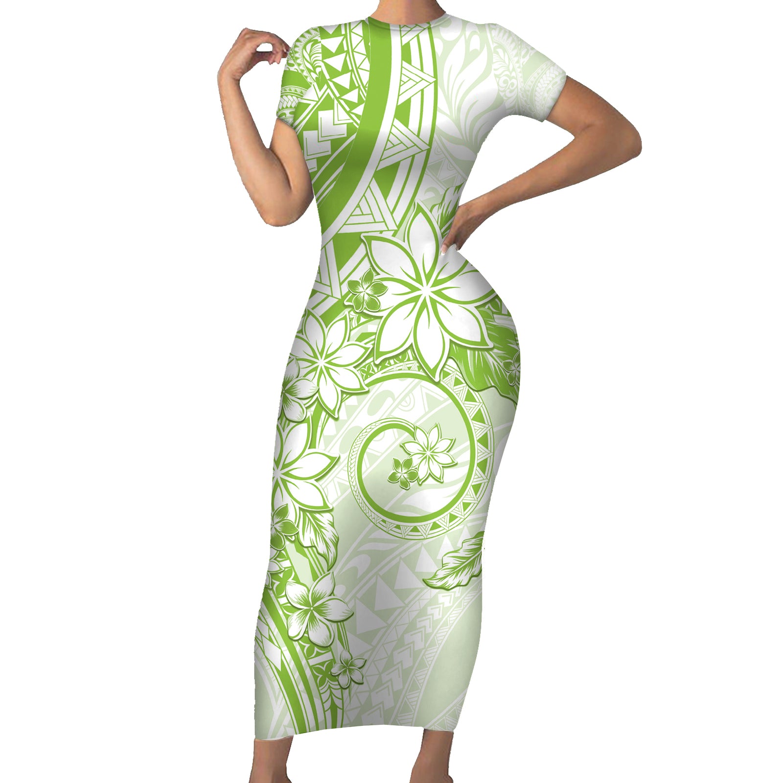 Polynesian Pattern With Plumeria Flowers Short Sleeve Bodycon Dress Lime Green LT05 Long Dress Lime Green - Polynesian Pride