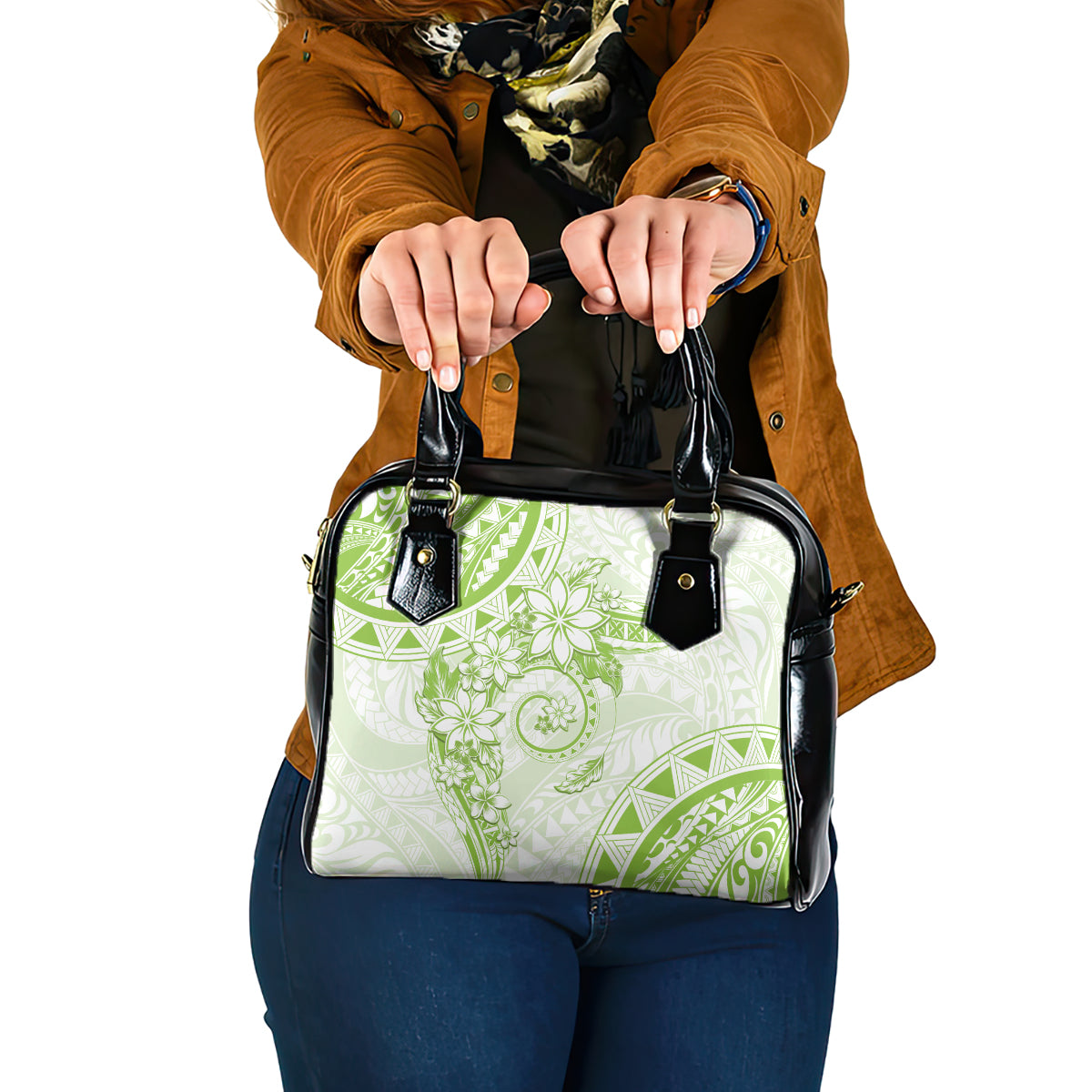 Polynesian Pattern With Plumeria Flowers Shoulder Handbag Lime Green LT05 One Size Lime Green - Polynesian Pride