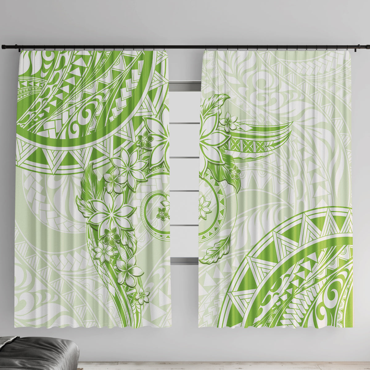 Polynesian Pattern With Plumeria Flowers Window Curtain Lime Green LT05 With Hooks Lime Green - Polynesian Pride