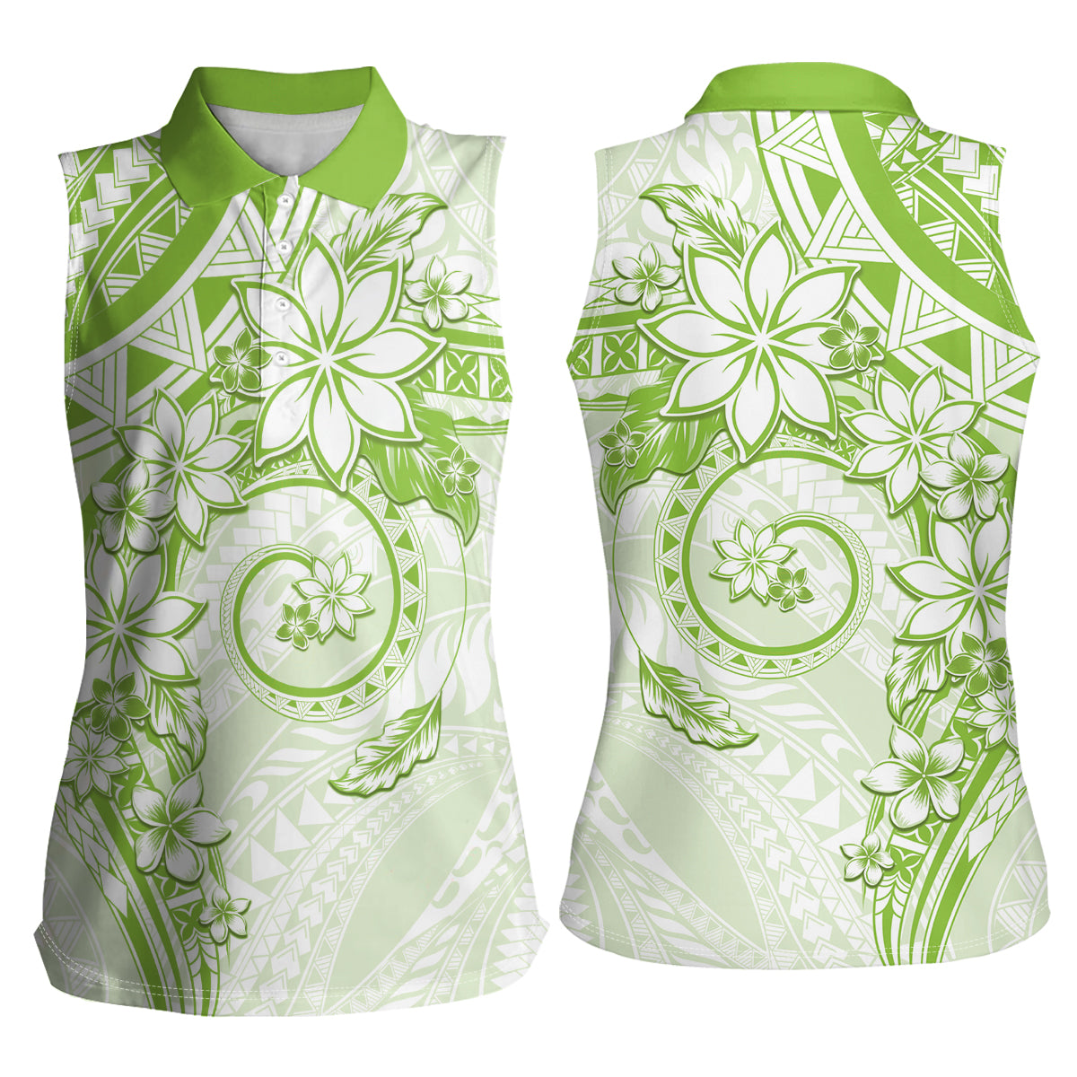 Polynesian Pattern With Plumeria Flowers Women Sleeveless Polo Shirt Lime Green