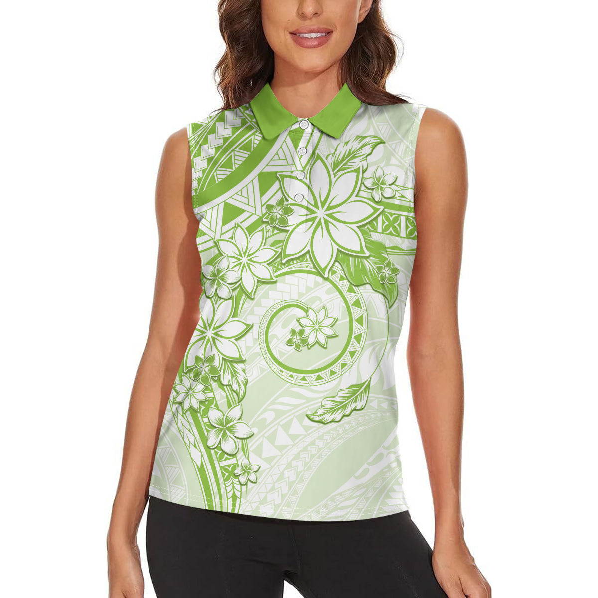 Polynesian Pattern With Plumeria Flowers Women Sleeveless Polo Shirt Lime Green