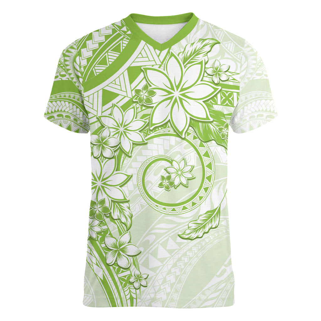Polynesian Pattern With Plumeria Flowers Women V-Neck T-Shirt Lime Green