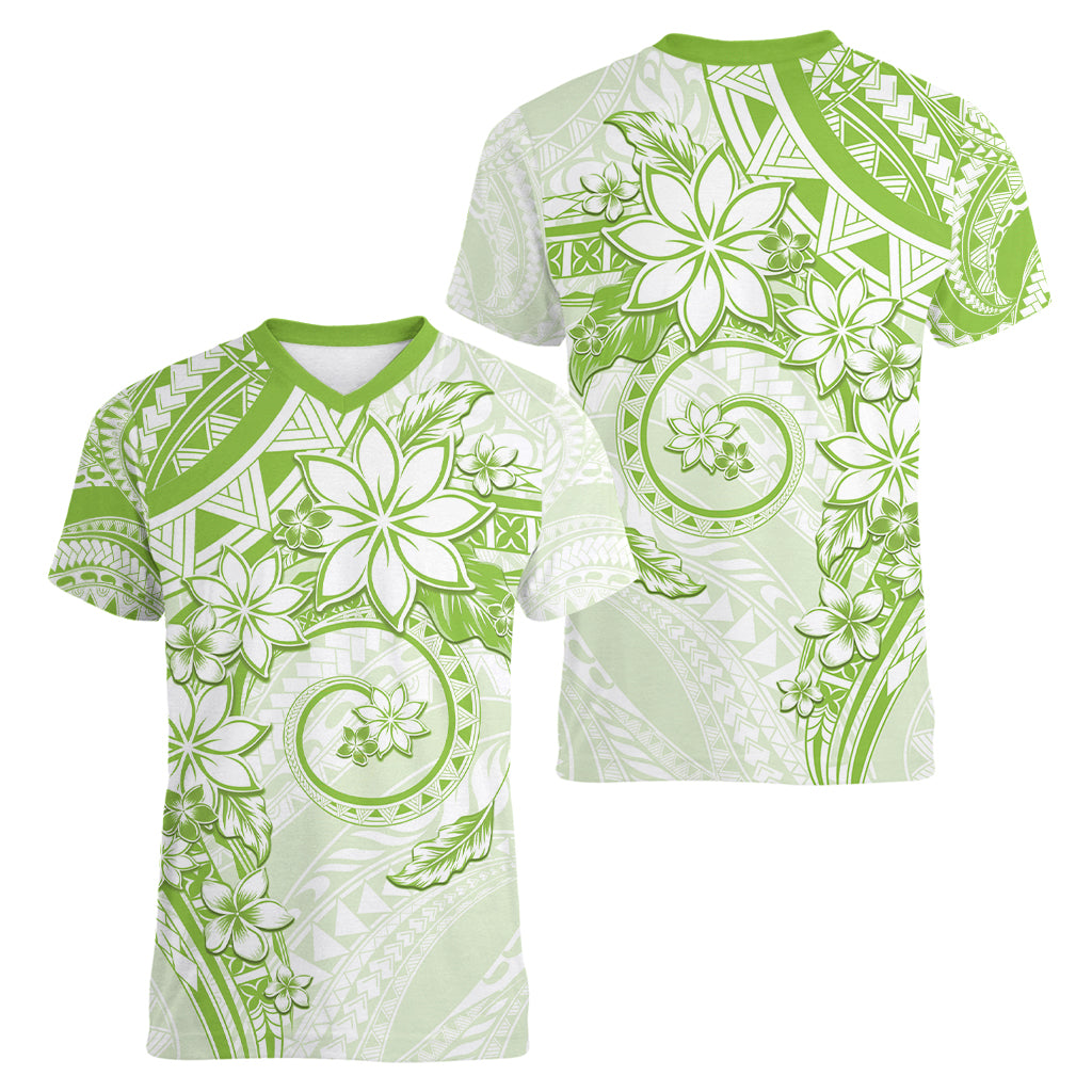 Polynesian Pattern With Plumeria Flowers Women V-Neck T-Shirt Lime Green