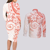 Polynesian Pattern With Plumeria Flowers Couples Matching Long Sleeve Bodycon Dress and Long Sleeve Button Shirt Orange Peach LT05 - Polynesian Pride