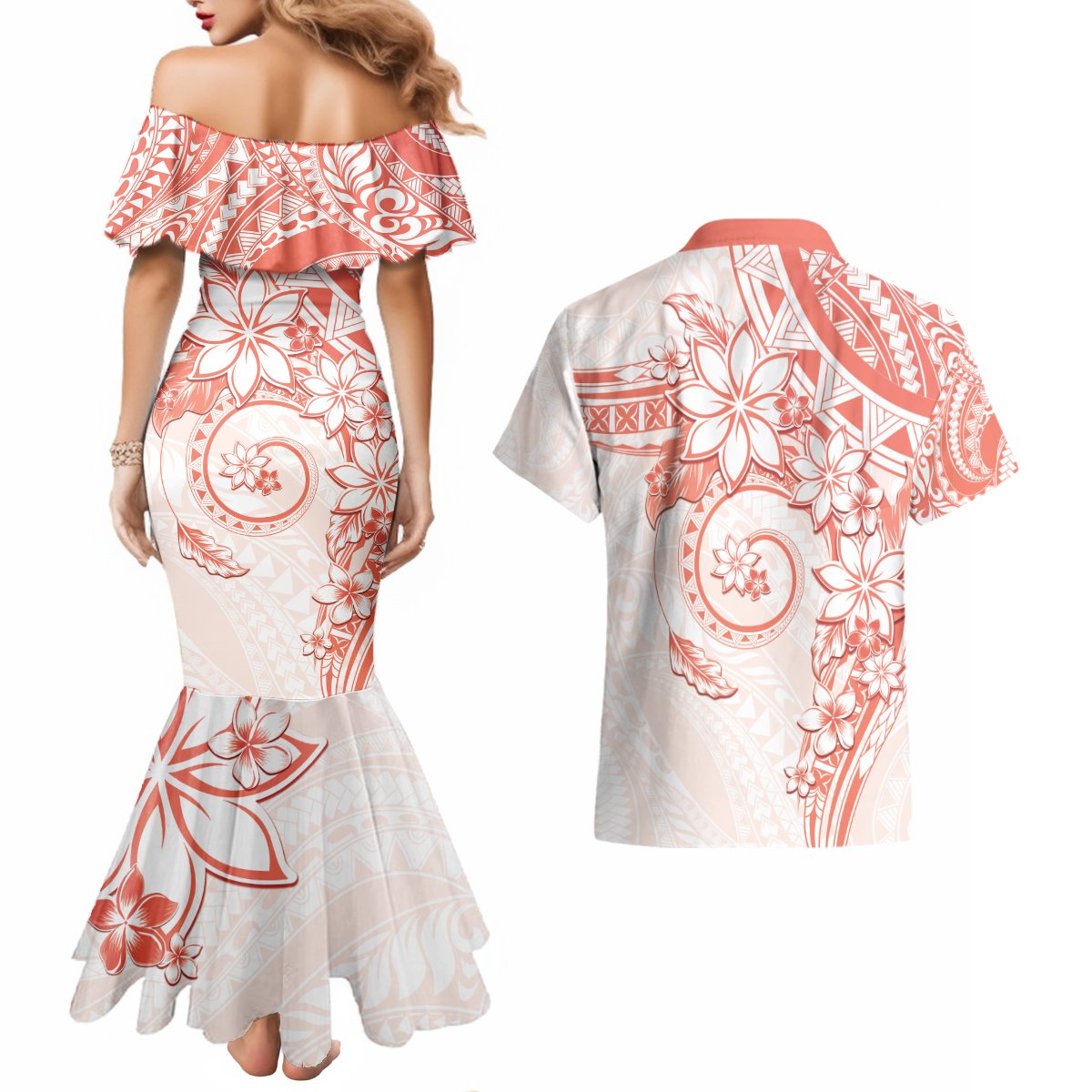 Polynesian Pattern With Plumeria Flowers Couples Matching Mermaid Dress and Hawaiian Shirt Orange Peach
