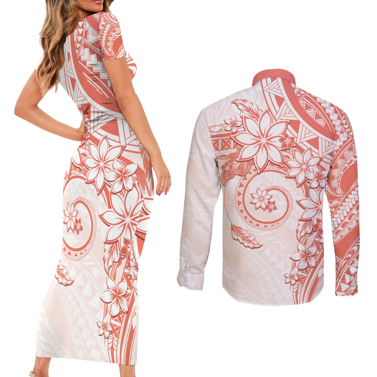 Polynesian Pattern With Plumeria Flowers Couples Matching Short Sleeve Bodycon Dress and Long Sleeve Button Shirt Orange Peach