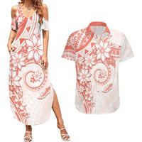 Polynesian Pattern With Plumeria Flowers Couples Matching Summer Maxi Dress and Hawaiian Shirt Orange Peach