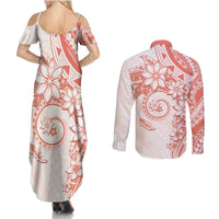 Polynesian Pattern With Plumeria Flowers Couples Matching Summer Maxi Dress and Long Sleeve Button Shirt Orange Peach