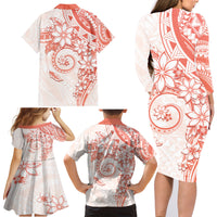 Polynesian Pattern With Plumeria Flowers Family Matching Long Sleeve Bodycon Dress and Hawaiian Shirt Orange Peach LT05 - Polynesian Pride