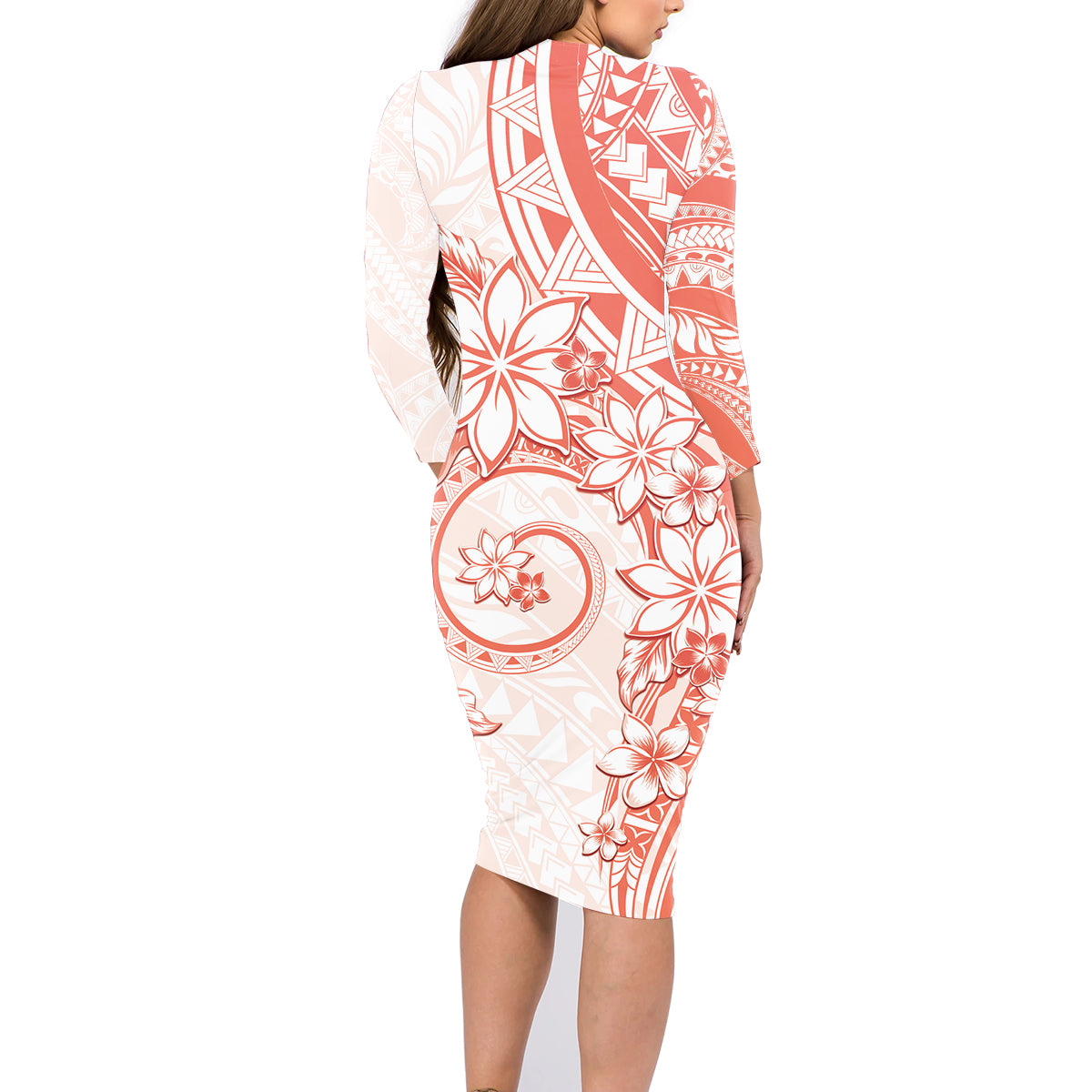 Polynesian Pattern With Plumeria Flowers Family Matching Long Sleeve Bodycon Dress and Hawaiian Shirt Orange Peach LT05 - Polynesian Pride