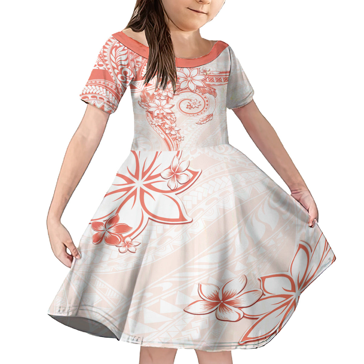 Polynesian Pattern With Plumeria Flowers Family Matching Off The Shoulder Long Sleeve Dress and Hawaiian Shirt Orange Peach LT05 Daughter's Dress Peach - Polynesian Pride