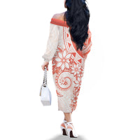 Polynesian Pattern With Plumeria Flowers Family Matching Off The Shoulder Long Sleeve Dress and Hawaiian Shirt Orange Peach LT05 - Polynesian Pride
