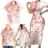 Polynesian Pattern With Plumeria Flowers Family Matching Short Sleeve Bodycon Dress and Hawaiian Shirt Orange Peach LT05 - Polynesian Pride