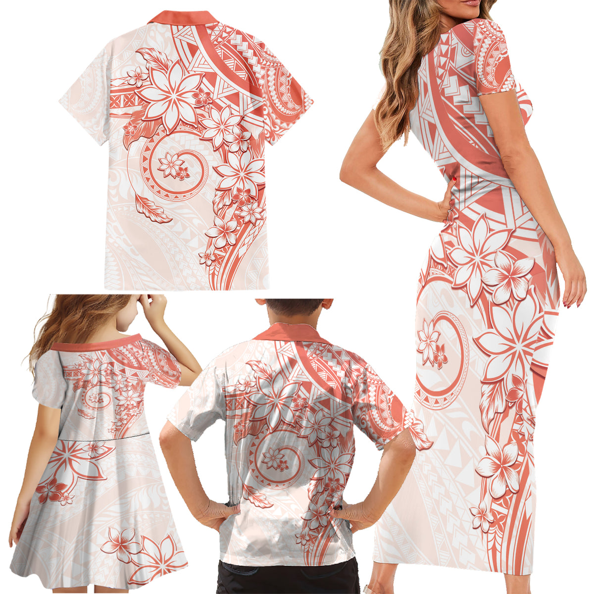 Polynesian Pattern With Plumeria Flowers Family Matching Short Sleeve Bodycon Dress and Hawaiian Shirt Orange Peach LT05 - Polynesian Pride