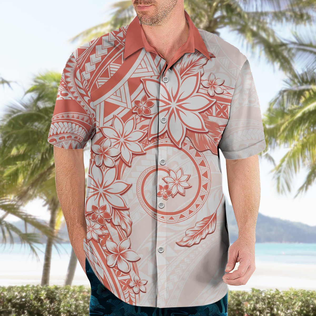 Polynesian Pattern With Plumeria Flowers Hawaiian Shirt Orange Peach