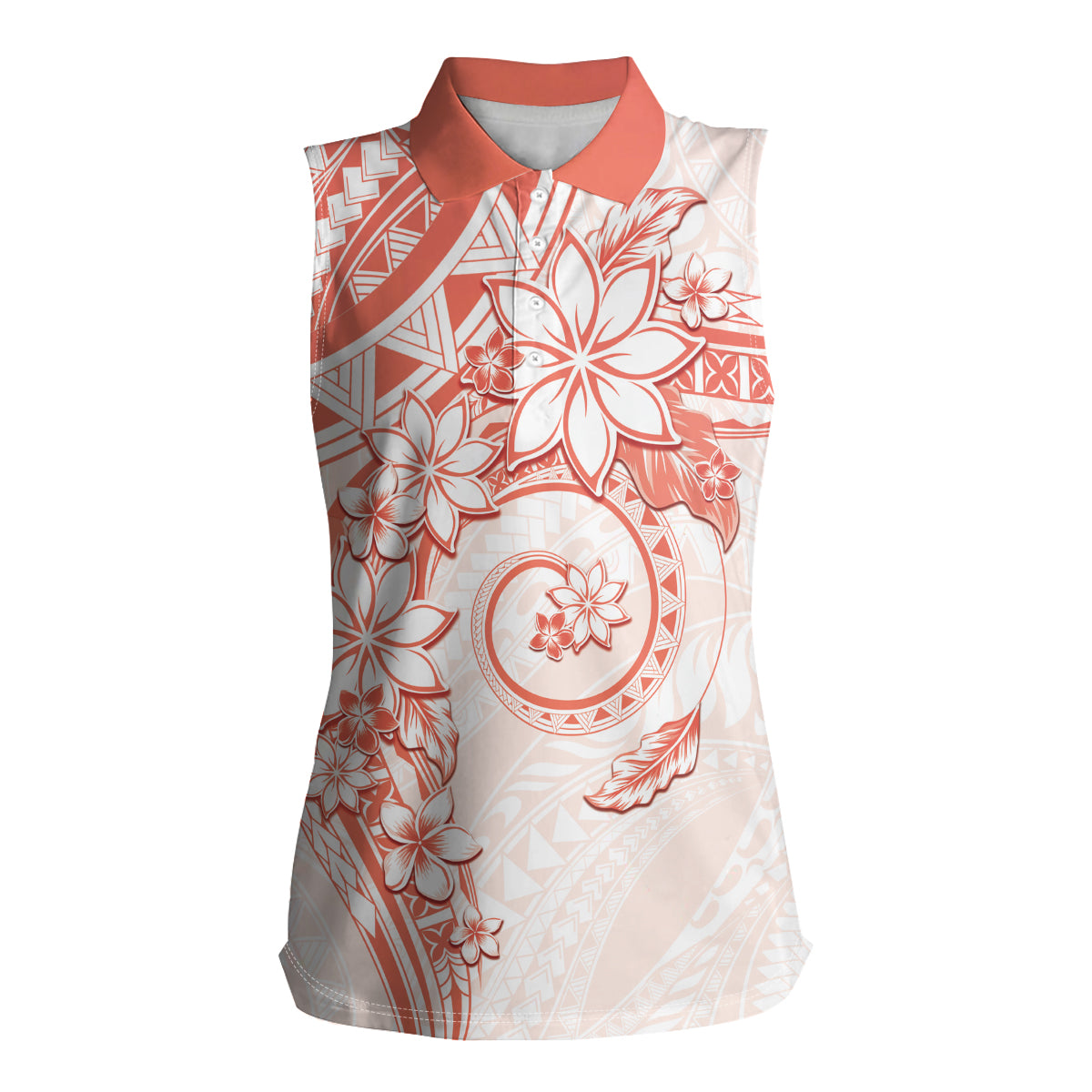 Polynesian Pattern With Plumeria Flowers Women Sleeveless Polo Shirt Orange Peach