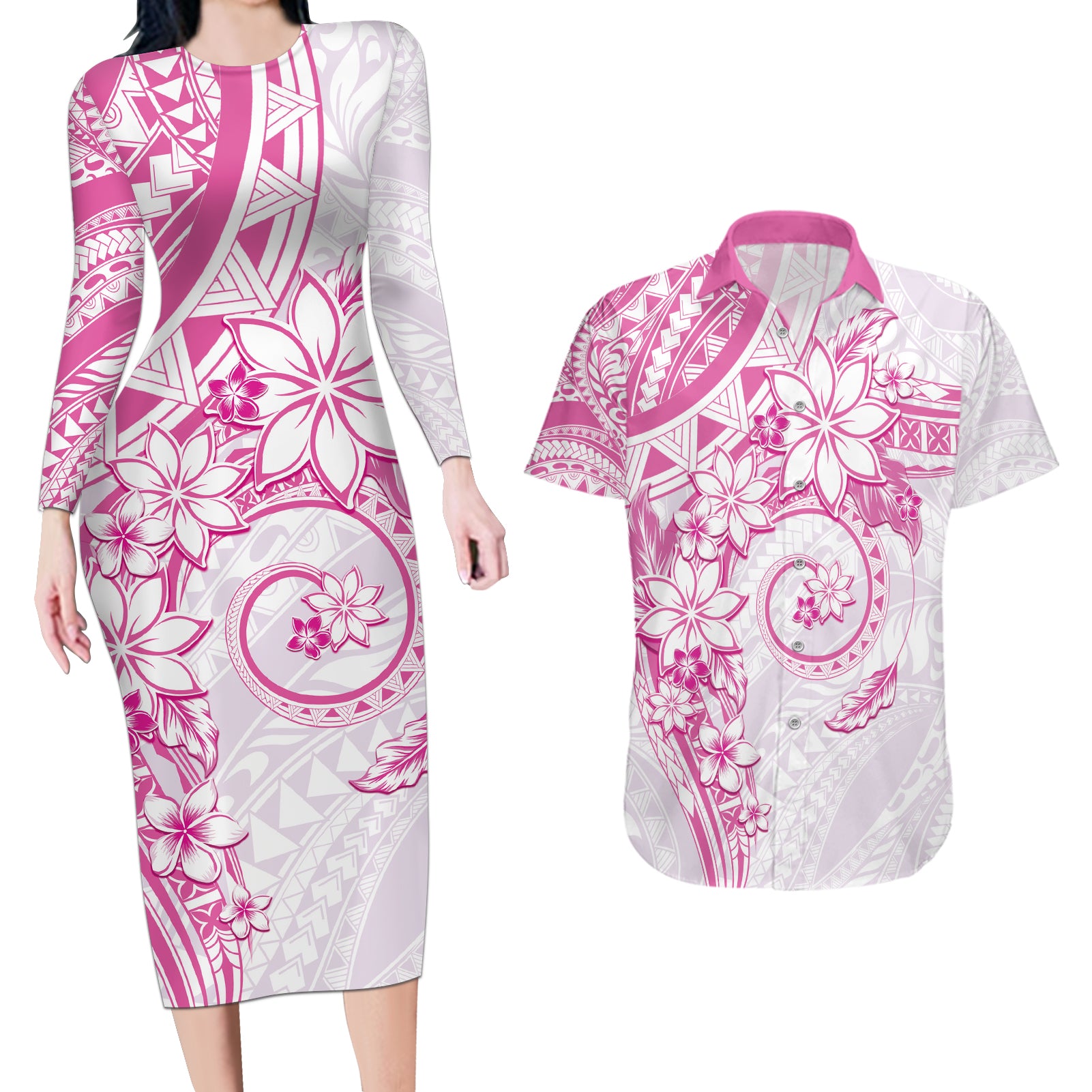 Polynesian Pattern With Plumeria Flowers Couples Matching Long Sleeve Bodycon Dress and Hawaiian Shirt Pink