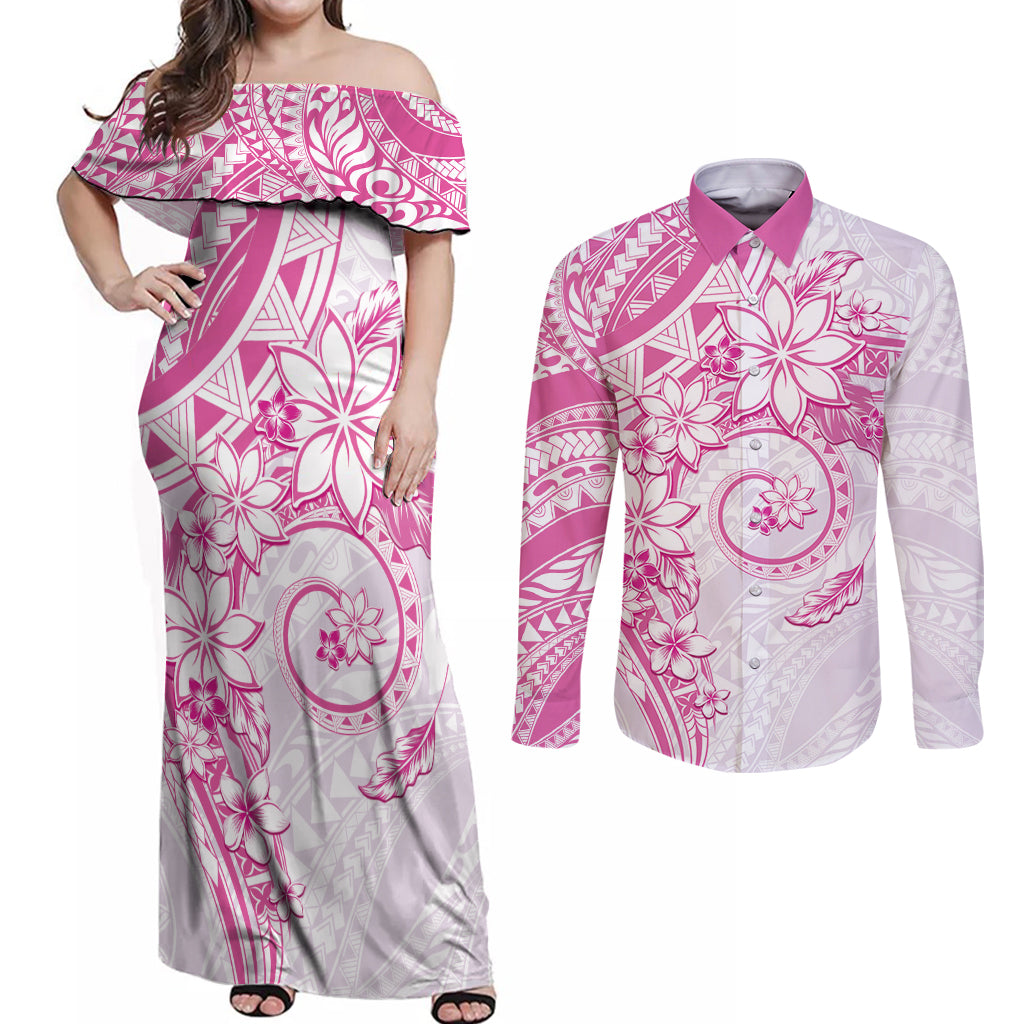 Polynesian Pattern With Plumeria Flowers Couples Matching Off Shoulder Maxi Dress and Long Sleeve Button Shirt Pink