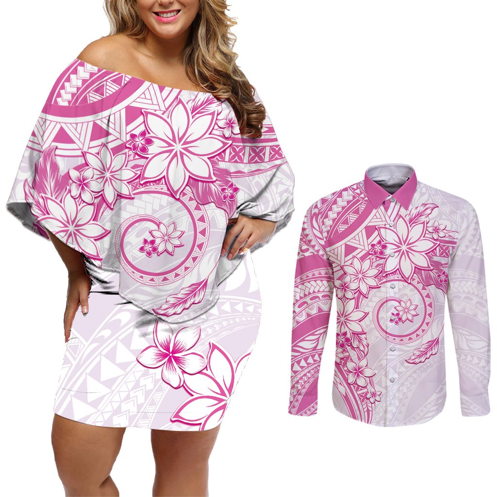 Polynesian Pattern With Plumeria Flowers Couples Matching Off Shoulder Short Dress and Long Sleeve Button Shirt Pink