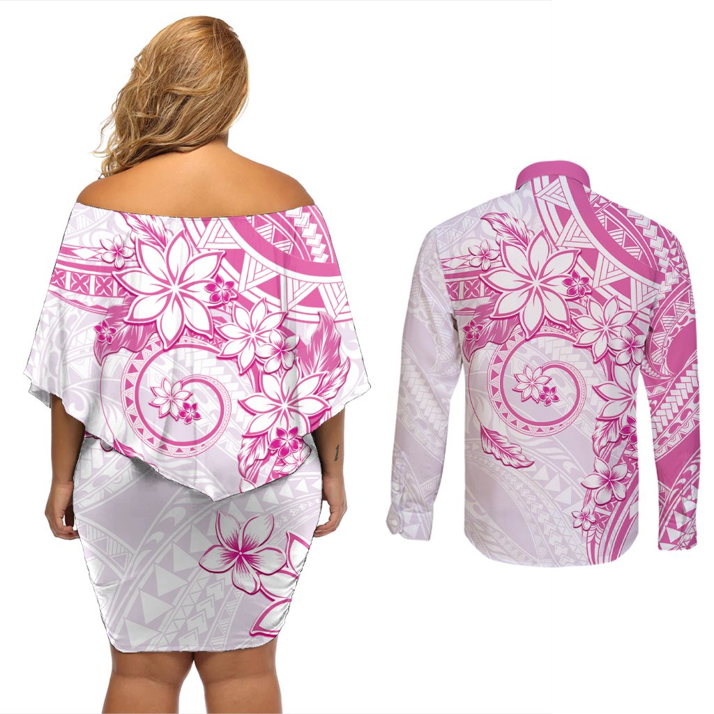 Polynesian Pattern With Plumeria Flowers Couples Matching Off Shoulder Short Dress and Long Sleeve Button Shirt Pink