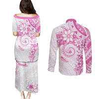 Polynesian Pattern With Plumeria Flowers Couples Matching Puletasi and Long Sleeve Button Shirt Pink