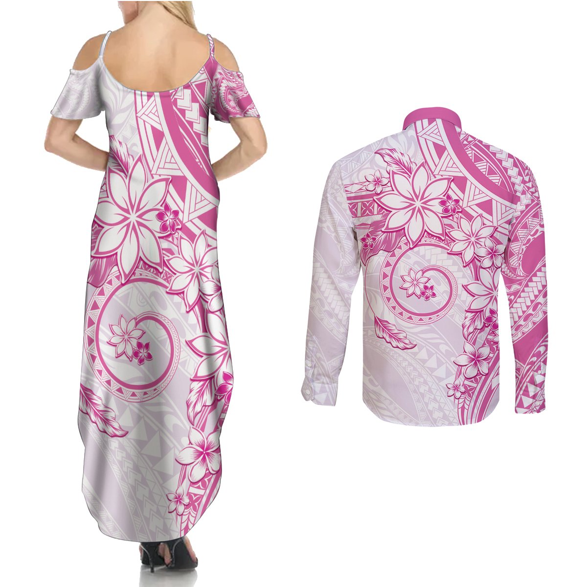 Polynesian Pattern With Plumeria Flowers Couples Matching Summer Maxi Dress and Long Sleeve Button Shirt Pink