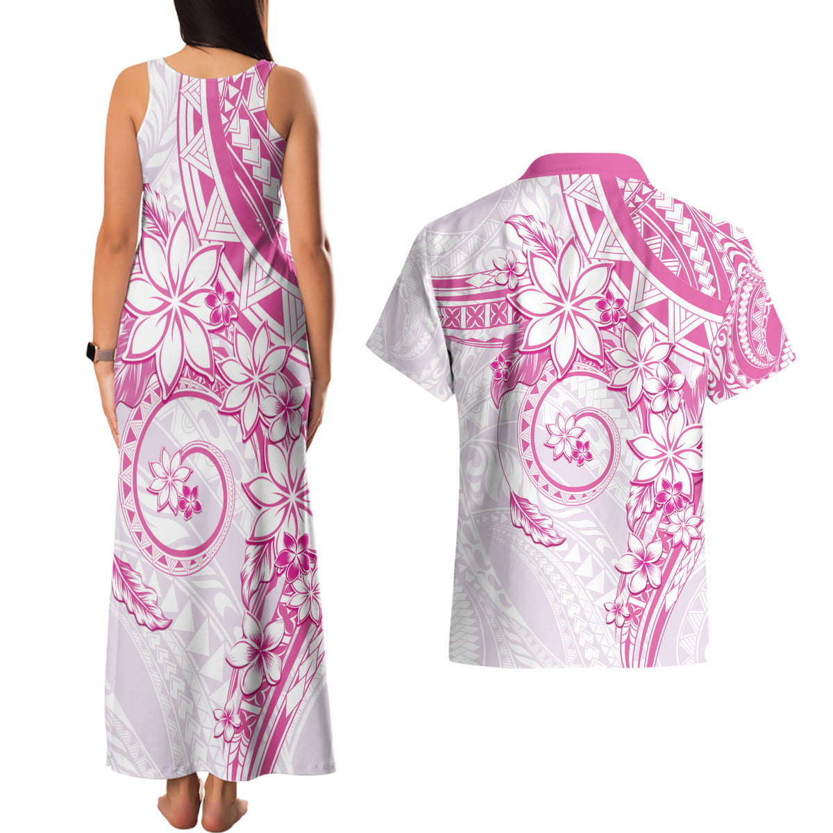 Polynesian Pattern With Plumeria Flowers Couples Matching Tank Maxi Dress and Hawaiian Shirt Pink