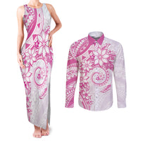 Polynesian Pattern With Plumeria Flowers Couples Matching Tank Maxi Dress and Long Sleeve Button Shirt Pink