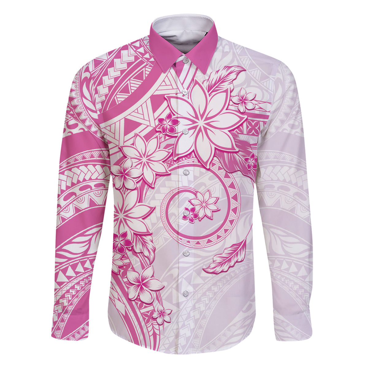 Polynesian Pattern With Plumeria Flowers Family Matching Long Sleeve Bodycon Dress and Hawaiian Shirt Pink LT05 Dad's Shirt - Long Sleeve Pink - Polynesian Pride