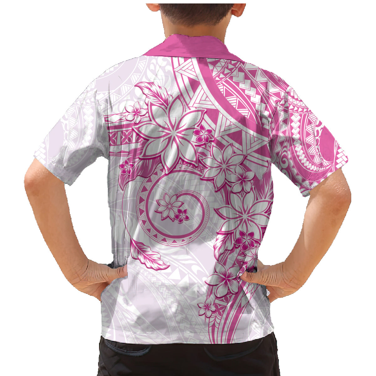Polynesian Pattern With Plumeria Flowers Family Matching Mermaid Dress and Hawaiian Shirt Pink