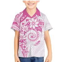 Polynesian Pattern With Plumeria Flowers Family Matching Mermaid Dress and Hawaiian Shirt Pink