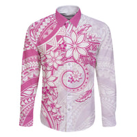 Polynesian Pattern With Plumeria Flowers Family Matching Off The Shoulder Long Sleeve Dress and Hawaiian Shirt Pink LT05 Dad's Shirt - Long Sleeve Pink - Polynesian Pride