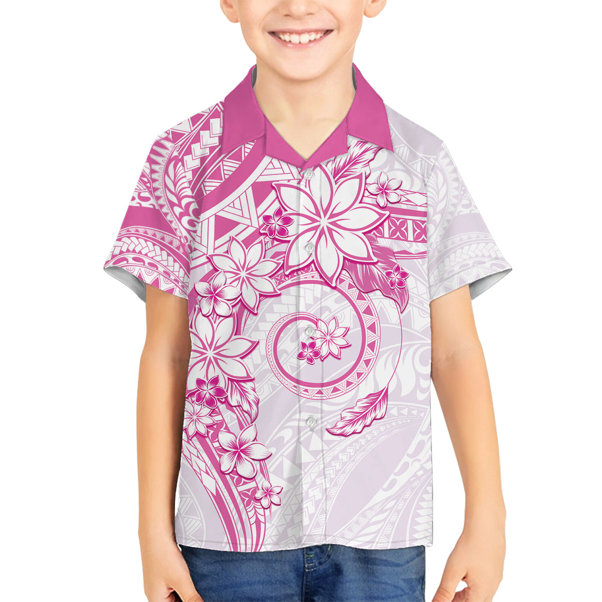 Polynesian Pattern With Plumeria Flowers Family Matching Off The Shoulder Long Sleeve Dress and Hawaiian Shirt Pink LT05 Son's Shirt Pink - Polynesian Pride
