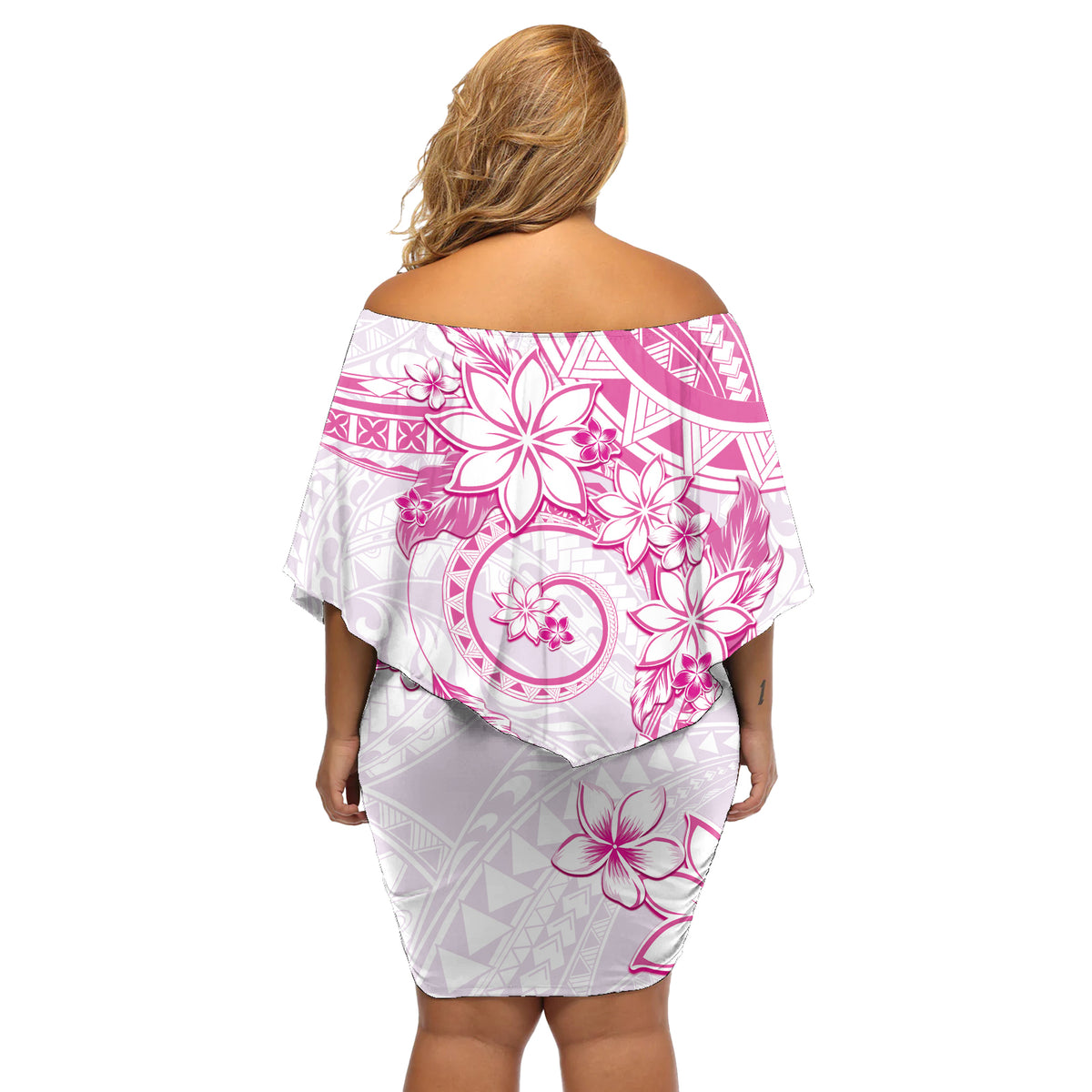 Polynesian Pattern With Plumeria Flowers Off Shoulder Short Dress Pink