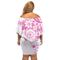 Polynesian Pattern With Plumeria Flowers Off Shoulder Short Dress Pink