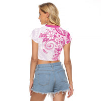 Polynesian Pattern With Plumeria Flowers Raglan Cropped T Shirt Pink