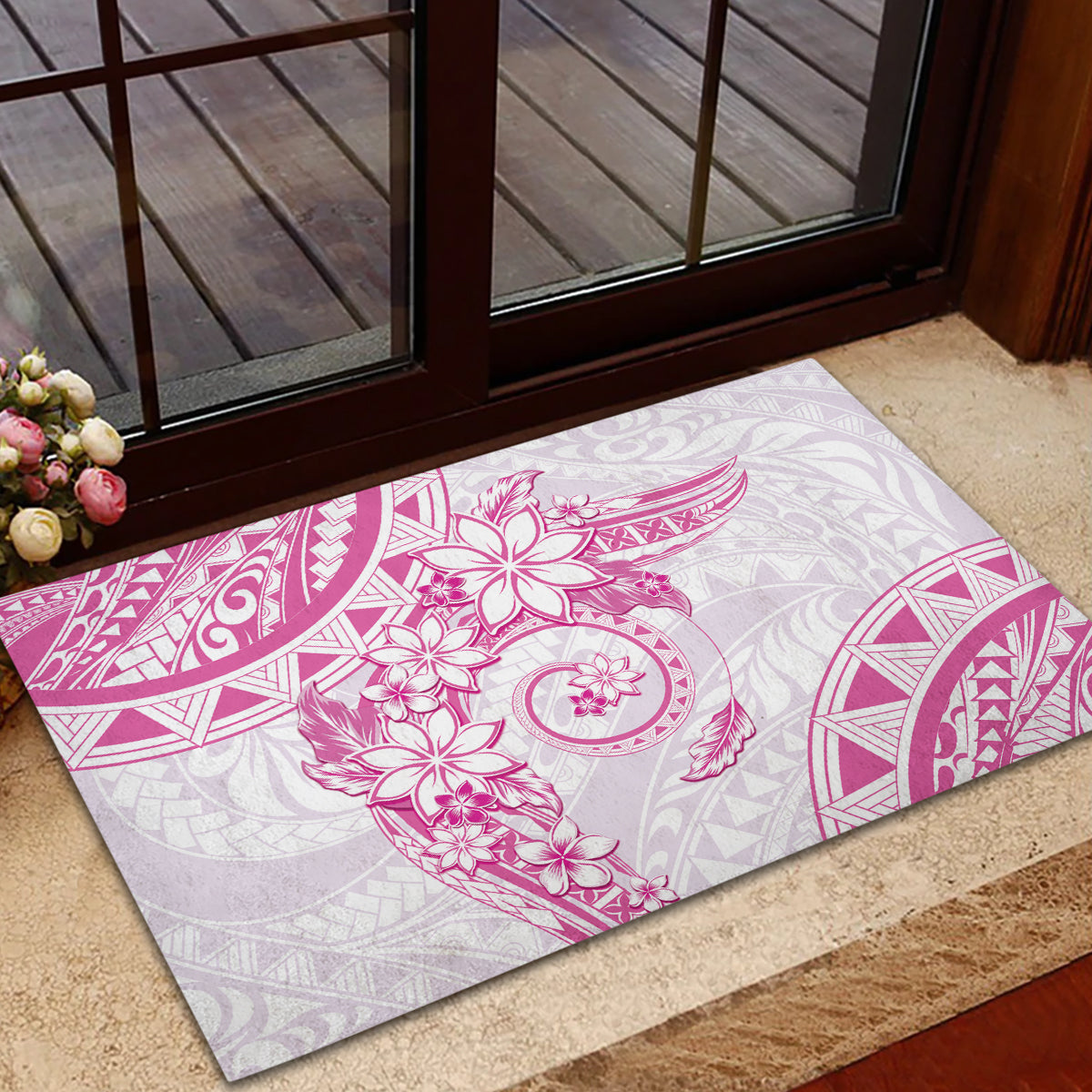 Polynesian Pattern With Plumeria Flowers Rubber Doormat Pink