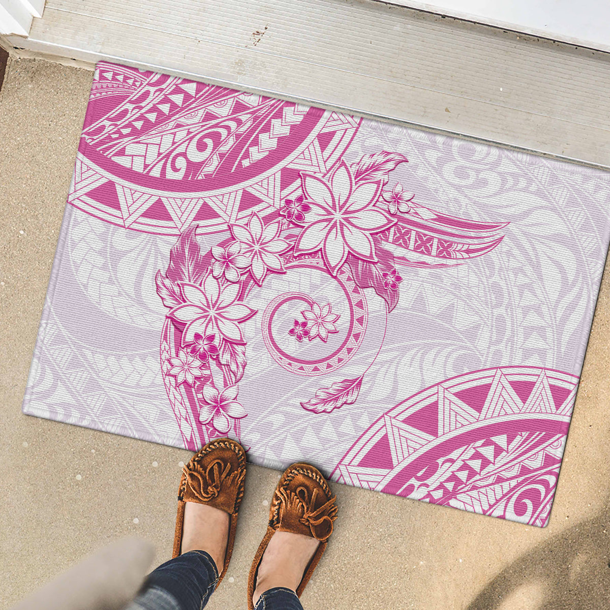 Polynesian Pattern With Plumeria Flowers Rubber Doormat Pink